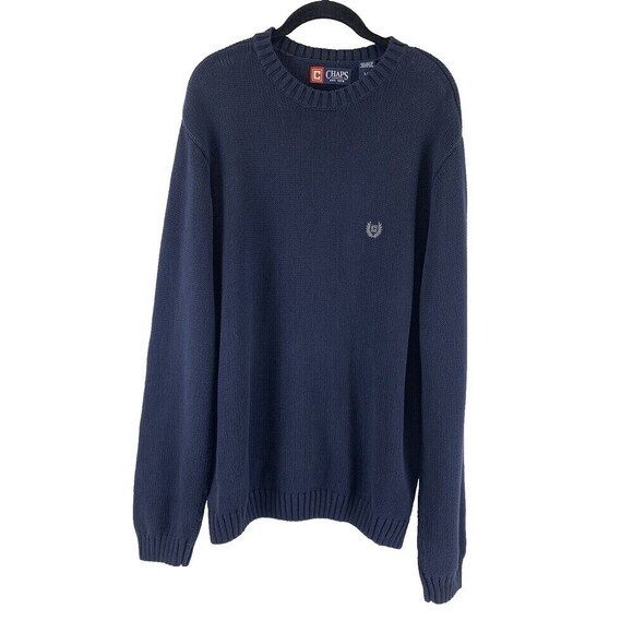 Chaps Ralph Lauren Navy Blue Crewneck Sweater Cotton Pullover Ribbed Mens Large - Picture 1 of 11